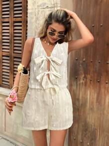 SHEIN Frenchy 2pcs/Set Women's Front Tie Hollow V-Neck Vest And Shorts Set Summer Casual - Apricot - View 3
