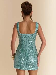 SHEIN BAE Mint Blue Sage Green Sleeveless Sequin Glitter Mini Dress With High Slit,Summer 70s Retro Club Party Sparkly Music Festival Brunch Vacation Clothing - Green - View 2