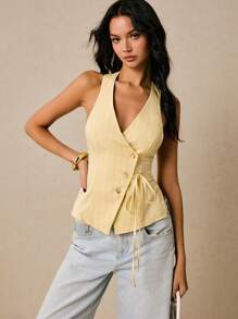 Poéselle 女士性感露背吊带短款上衣，夏季 - 黃色 - 查看 5