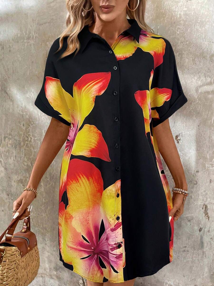 SHEIN LUNE Women Floral Printed Front Open Collar Short Sleeve Mini Dress, Spring/Summer - Black - View 1