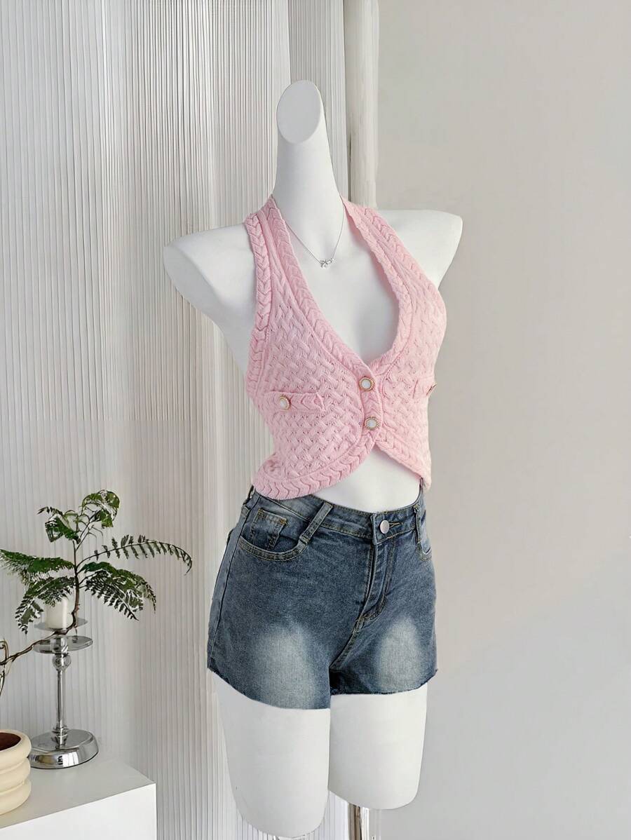 Sweetra Summer Girls Cute Deep V-Neck Hollow Out Knitted Vest, Flattering & Stylish - Pink - View 1