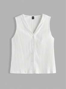 SHEIN BASICS Camiseta de punto sin mangas con cuello en V de unicolor, de ajuste entallado y casual, talla grande - Blanco - Ver 3