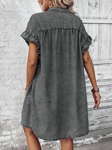 EMERY ROSE Women's Summer Casual Notched Collar Ruffle Denim Dress - Dark Grey - View 2