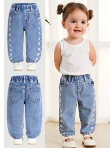 Baby Girl Embroidered Fashion Damsel Blue Tapered Jeans, Suitable For All Seasons - Medium Wash - View 6