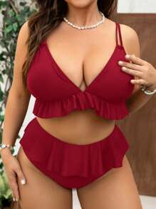 Swim Vcay Bộ bikini viền bèo nhún màu trơn cỡ lớn cho nữ - Màu Đỏ Sâu - Xem 4