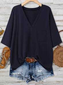 SHEIN LUNE Green Plus Size Summer Top Women's V-Neck Pocket T-Shirt Cotton - Navy Blue - View 1