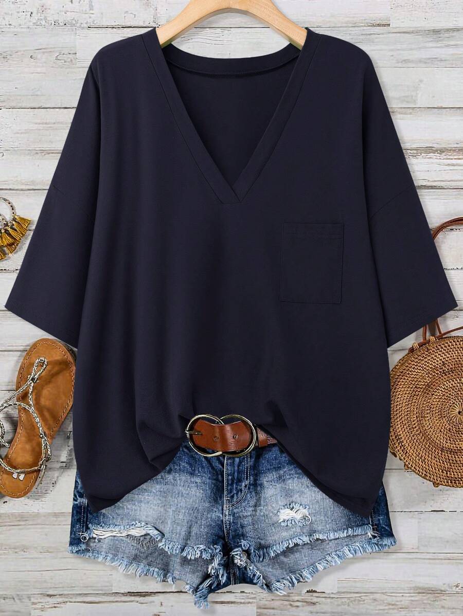 SHEIN LUNE Green Plus Size Summer Top Women's V-Neck Pocket T-Shirt Cotton - Navy Blue - View 1