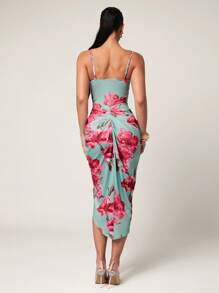 Silquee 夏季优雅女士夏装、夏季、女士夏装、优雅女士连衣裙、经典优雅连衣裙、绿色花卉印花垂坠连衣裙、女士毕业礼服、中长连衣裙