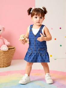 Baby Girl Heart Print Ruffle Hem Strap Denim Dress,Aqua Blue,Summer,Cute,Vacation,Fashionable Casual Street Style Heart Embroidery Blue Denim Dress - Blue - View 8