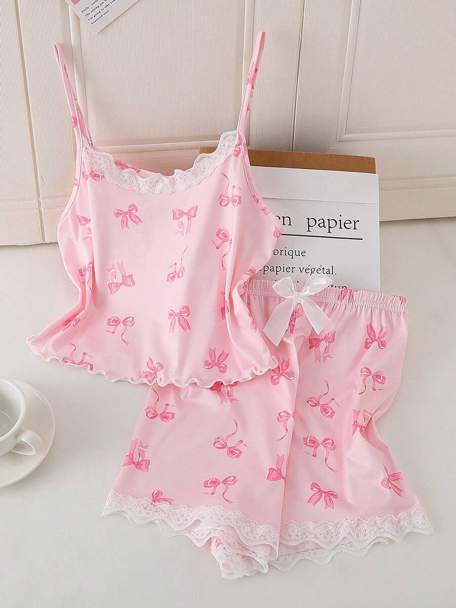 2 piezas Conjunto de pijama de camiseta y pantalones cortos con aplicación de encaje de mariposa para chicas adolescentes, elegante y cómodo, color rosa - Rosa - Ver 1