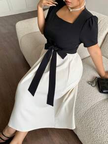 Dazy Plus Plus Size Color Blocking Cinched Waist Short Sleeve A-Line Hem Elegant Summer Dress - Apricot - View 7