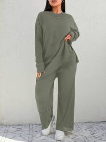 EURMUSE Plus Drop Shoulder Split Hem Tee & Pants - Mint Green - View 3