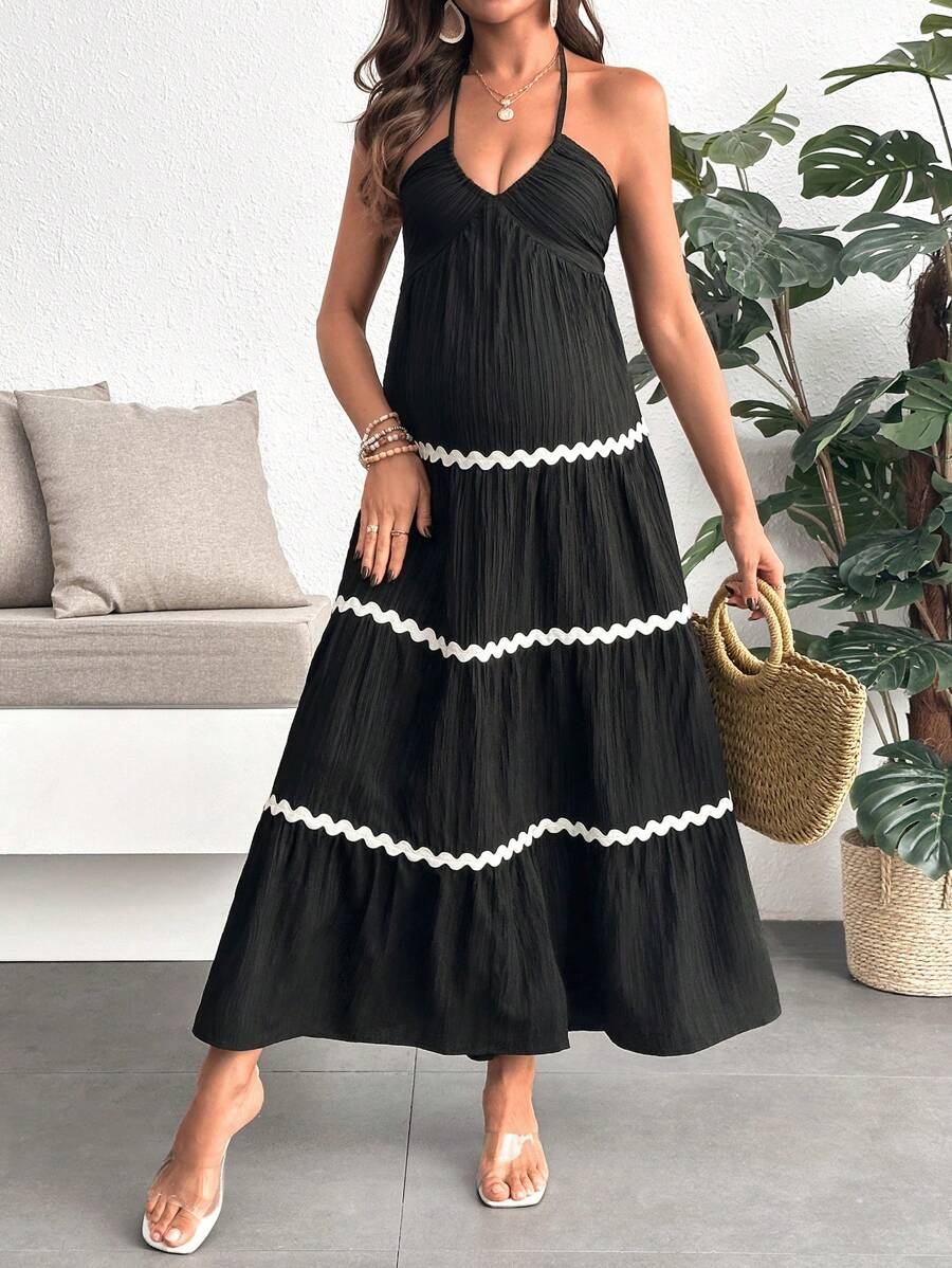 SHEIN 孕妇度假休闲拼色露背吊带连衣裙孕妇装 - 黑色 - 查看 1