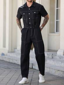 Manfinity Homme Men's Flap Pocket Drawstring Waist Shirt Jumpsuit Overall Men Men S Overall Men S Overalls Overalls For Men Men S Jumpsuit