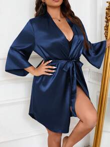 Bata elegante de talla grande de unicolor con diseño en arco de seda sintética, ropa de lujo para descansar y de vacaciones