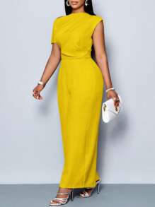 SOLERSUN 大码女装四季女装通勤优雅日常旅行休闲简约纯色露肩不对称领口肩部褶皱短袖阔腿连体裤 - 黃色 - 查看 4
