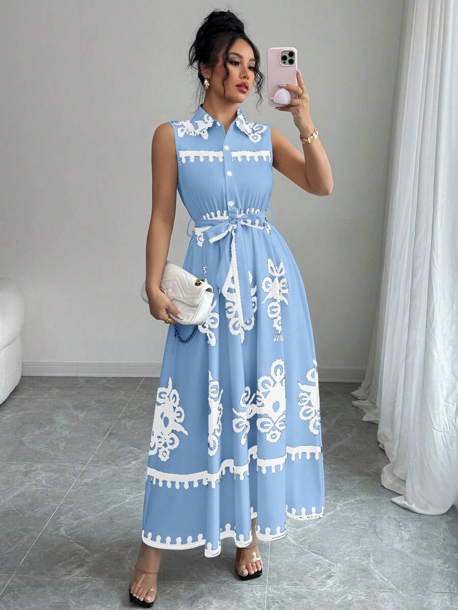 Chiquease Sleeveless Collar Cinched Waist A-Line Digital Print Mini Dress - Blue - View 1