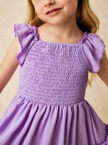 SHEIN Young Girls & Elegant Purple Ruffle Sleeve Shirred Dress - Purple - View 4