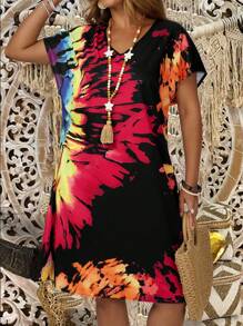 EMERY ROSE Vestito casual con stampa Tintura a nodi a maniche corte, adatto a taglie comode, ideale per vacanze estive