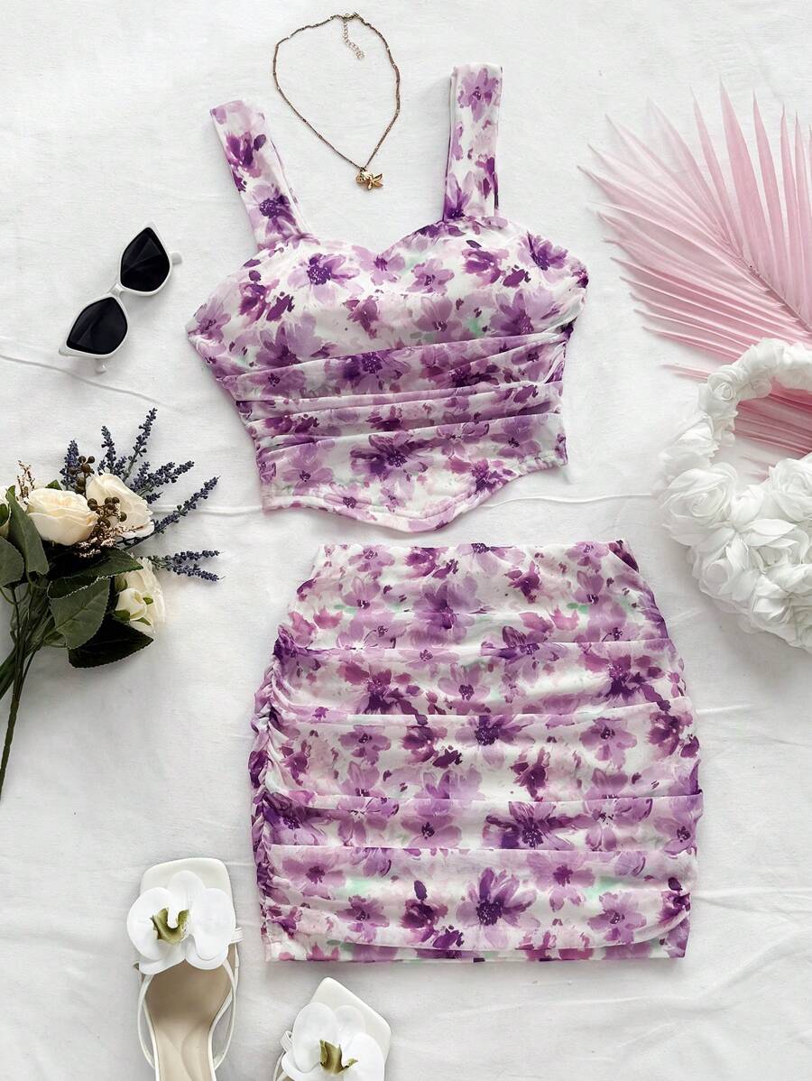 Soleia 2pcs Women Tie Dye Ditsy Floral Backless Cami Top & Fitted Mini ...