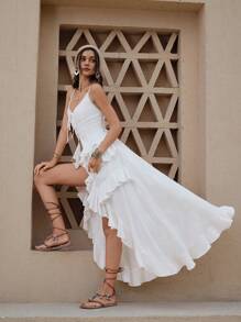 SHEIN LUNE Ruffle Dress Sundresses Ruffle Skirt Western Women's Vacation Plain Color Ruffled Hem Spaghetti Strap Dress - White - View 2