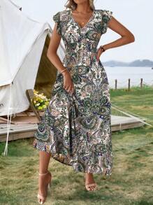 SHEIN LUNE Váy nữ họa tiết Paisley, eo cao, viền thấp, dây rút, thích hợp cho kỳ nghỉ/nghỉ dưỡng, trang phục lễ hội rave xuân/hè - trắng - Xem 4