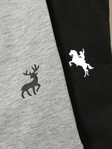 SHEIN 青少年男孩 4 件套简约图案印花圆领短袖 T 恤和格子图案宽松休闲睡裤 - 黑色 - 查看 4