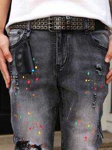 Manfinity LEGND Men's Distressed Relaxed Fit Tapered Leg Jeans - Grey - View 4