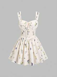 Sweetra 女士春夏新款通勤、度假、海滩宽肩带褶饰蝴蝶结 A 字迷你连衣裙 - 彩色 - 查看 1