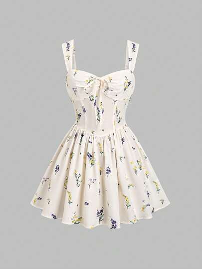 Sweetra 女士春夏新款通勤、度假、海滩宽肩带褶饰蝴蝶结 A 字迷你连衣裙