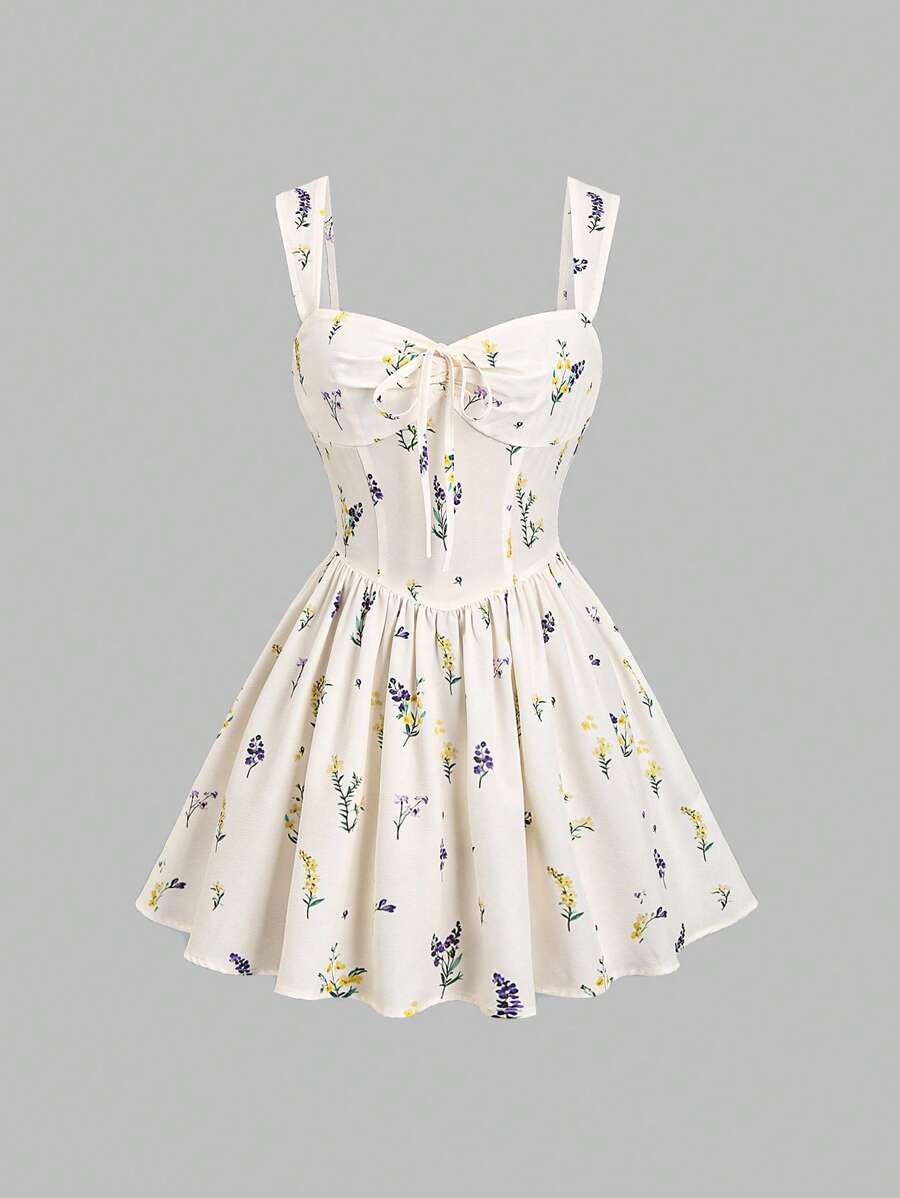 Sweetra 女士春夏新款通勤、度假、海滩宽肩带褶饰蝴蝶结 A 字迷你连衣裙 - 彩色 - 查看 1