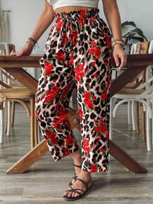 SHEIN VCAY Plus Size Women Leopard Floral Print Drawstring Waist Straight Leg Pants - Multicolor - View 4