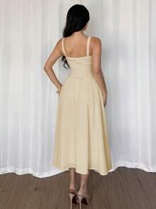 Firerie 女式优雅简约度假海滩黄色褶皱纹理面料细肩带收腰 A 字中长连衣裙，夏季 - 卡其色 - 查看 2