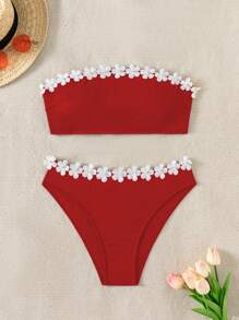 Traje de baño de dos piezas para mujer de talla grande para playa en verano - Rojo - Ver 7