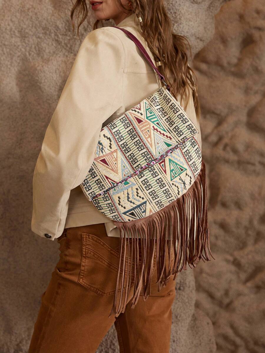 SHECARRY Women's Geometric Pattern Bohemian Style Tassel Hem Fashion Shoulder Bag