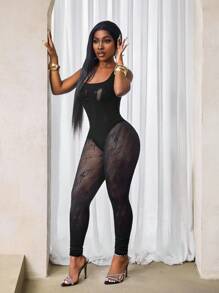 BamGleam Sexy Mesh Jumpsuit, Solid Color Round Neck Sheer Sleeveless - Black - View 5
