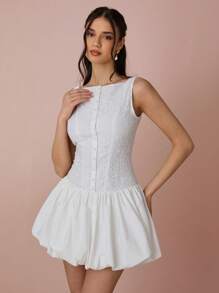 Enchnt 春夏浪漫女士白色花朵孔眼镂空刺绣无袖露背泡泡下摆可爱迷你连衣裙，甜美优雅，适合度假、约会、节日、派对、毕业典礼、婚礼嘉宾和海滩、音乐会节日服装女士、复活节女士连衣裙、女士夏装、女士太阳裙、夏装 - 白色 - 查看 1