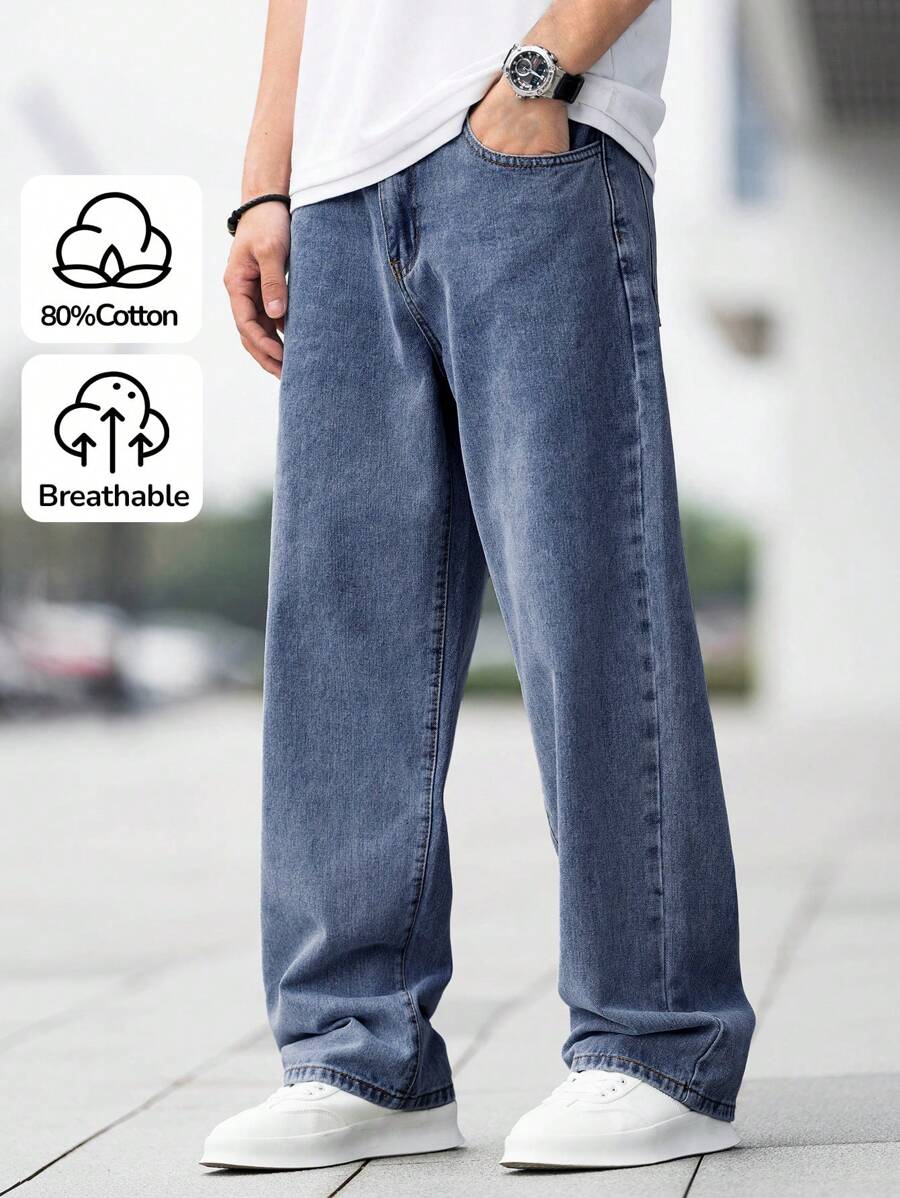 SHEIN 适合青少年男孩的时尚休闲Y2K复古蓝色舒适宽松牛仔裤,柔软舒适,适合日常穿着,也适合春夏锐舞节和海滩穿着。 - 中等水洗藍 - 查看 1