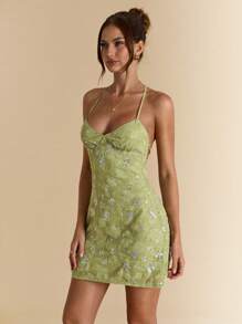 SHEIN BAE 夏季女式露背亮片提花绿色度假迷你连衣裙