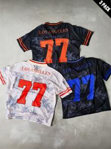 Manfinity Campus Court Aesthetic Post--Men's 3pcs/Set Coconut Tree Allover Print V-Neck Mesh Casual Tees Set - Multicolor - View 2