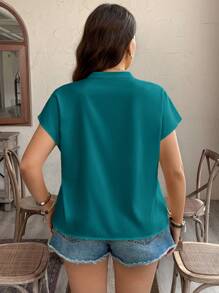 SHEIN LUNE 加大码女式图案短袖衬衫西部风波西米亚风90年代节日夏季外出春季波西米亚风复古风复活节春季海滩 - 水鴨藍 - 查看 2