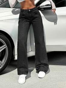 RueChic 100%Cotton LOW WAIST WIDE LEG WOMEN JEAN - Black - View 6