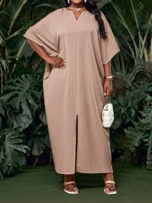 SHEIN Lady Holiday Dresses Plus Size Champagne Woven Short Sleeve Women's Robe Loose Drape Holiday Bridal Shower Dress Beach Women's Tall Long Slim Dress Cruise Outfits Women - Beige - View 6