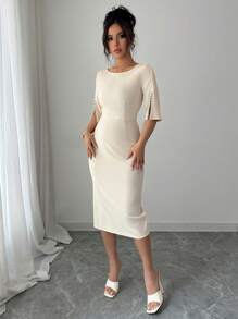 Selianne 女士圆领珍珠装饰腰带优雅浪漫连衣裙 - 杏色 - 查看 5