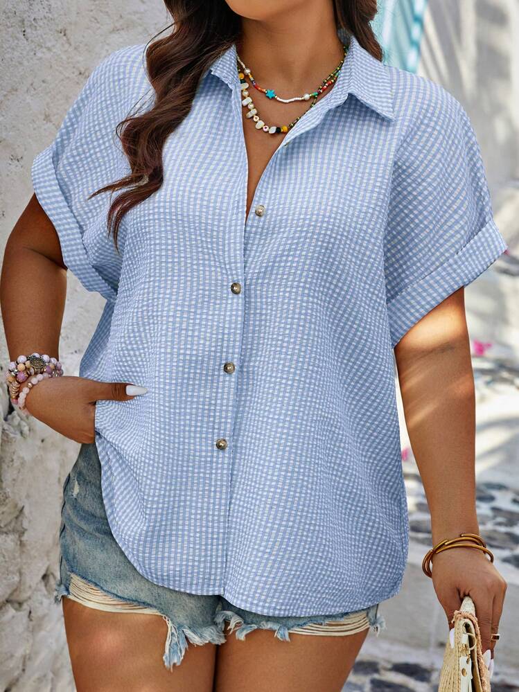 Calvaya Plus Size Summer Casual Random Print Front Button Up Loose Shirt - Baby Blue - View 3