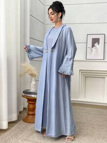 Yasmyna 女士优雅宽松喇叭袖金属纽扣长袍，端庄长袍 - 藍色 - 查看 5