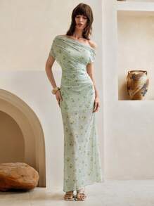 Arave Vestido de verano con diseño floral margarita en estilo francés con volantes, fruncidos y detalles de malla