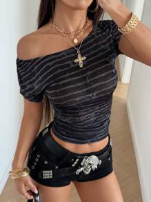 StreetHx 女式复古朋克摇滚条纹水钻露肩休闲短袖 T 恤