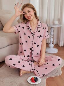 SHEIN סט פיג'מה לנשים עם הדפס לבבות וגימור בצבעים מנוגדים, פיג'מה ורודה נעימה ואלגנטית - שחור - ראה 5