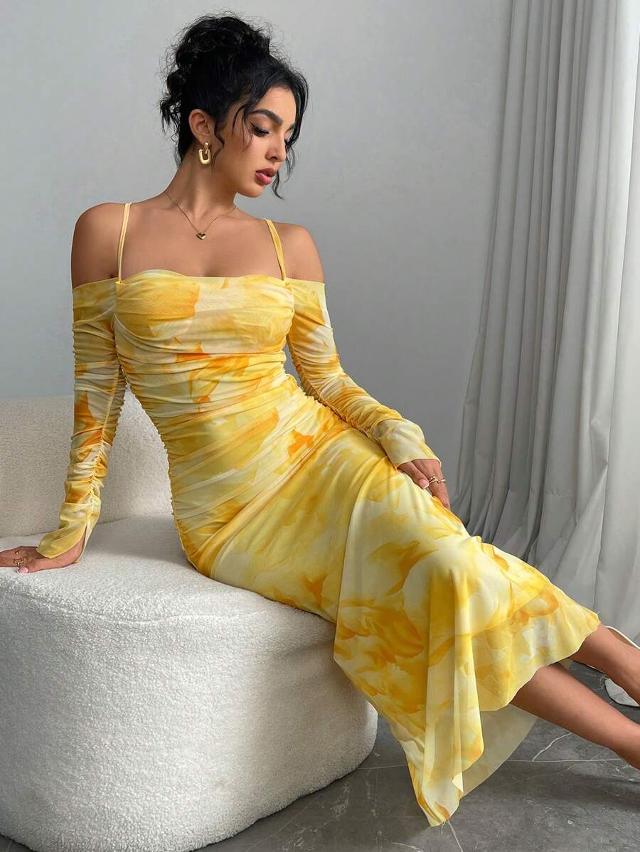 Rafferiza Đầm dài tay in họa tiết thanh lịch thả vai cho nữ - Màu vàng - Xem 1